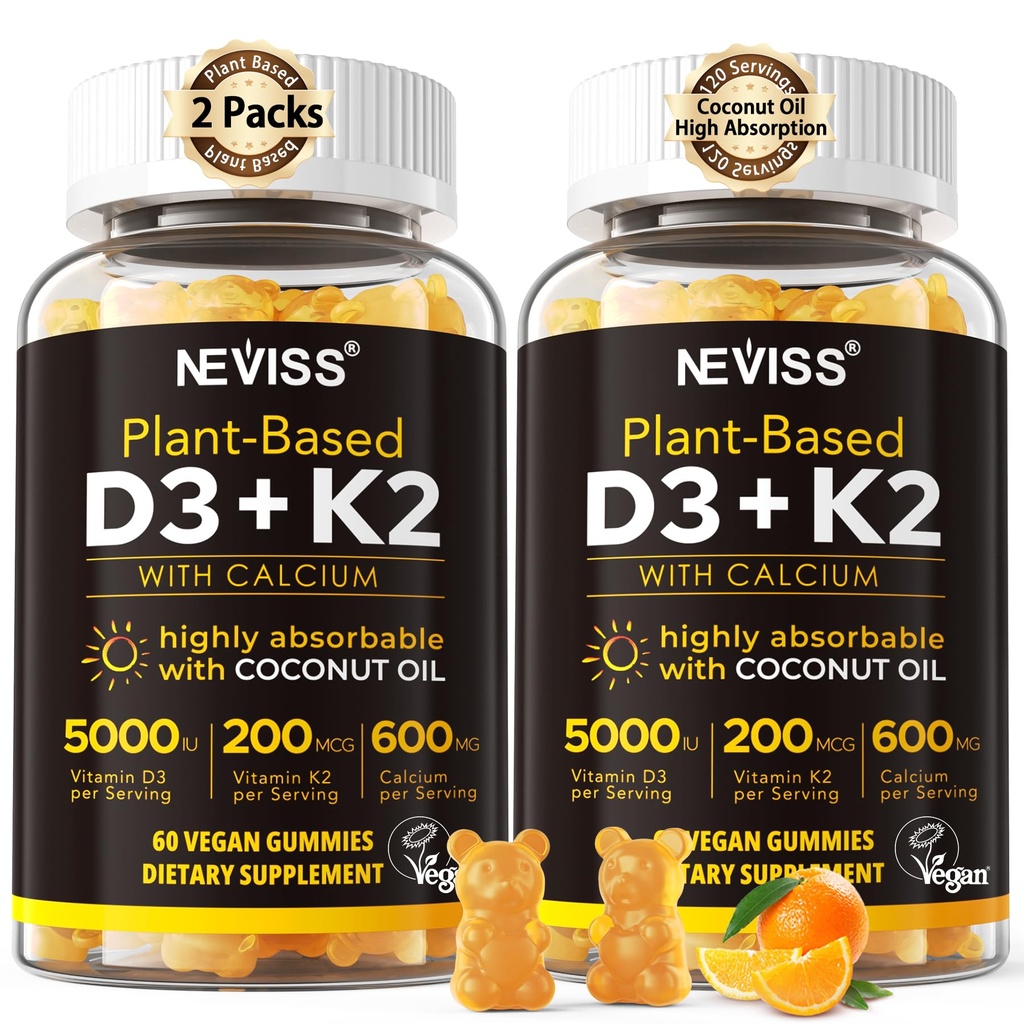 Vitamīns D3 5000iu & K2( kā MK7 ) 200mcg Gumijas + 600mg Kalcijs, ar kokosriekstu eļļu augstai absorbcijai, maksimālais spēks D3 K2 vitamīna papildinājums - atbalsts kauliem Muskuļu zobi Imūns, Vegan 2Iepakojumi