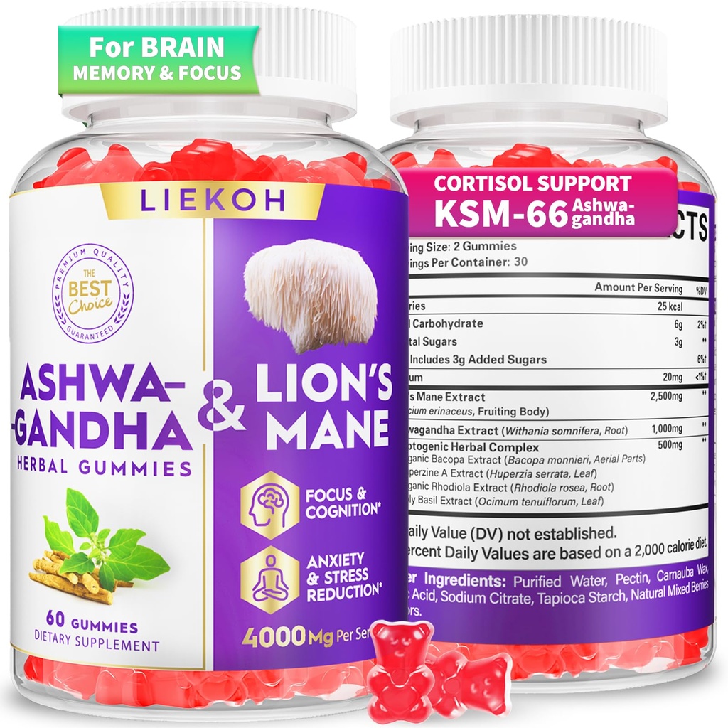 Ashwagandha Gummies - Organic Ashwagandha & Lions Mane Gummies pieaugušajiem ar 4 Adaptogenic Herb stresa, kognitīvo un imūno atbalstu   ) Kortizola papildinājumi sievietēm un vīriešiem, Berry Flavor - 60 grāfi
