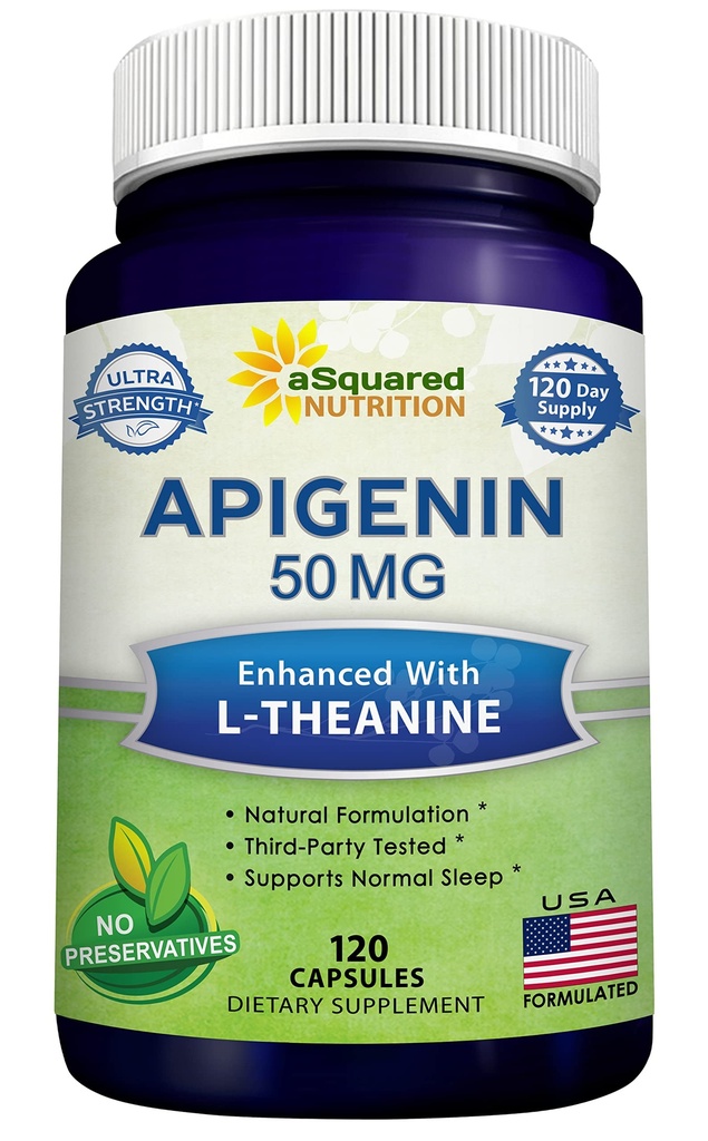 aSquared Nutrition Apigenin 50mg & L- Theanine 200mg - 120 Kapsulas - Apigenin Papildierīces miegam un relaksācijai - Dabīgs bioflavonoid ekstrakts, kas atrasts kumelīšu tējā