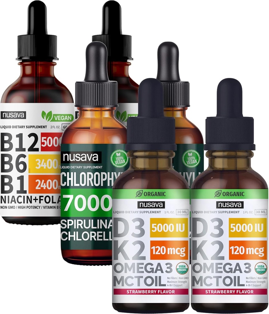 NUSAVA Strawberry Uzliesmo D3 K2, Hlorofils, & Vitamīns B12 Šķidrums Drops Bundle - Spēcīgs Šķidrs Vitamīni sirds, enerģijas, smadzeņu un imūnās atbalsta - Non-GMO, Gluten-free, 2pk Katrs