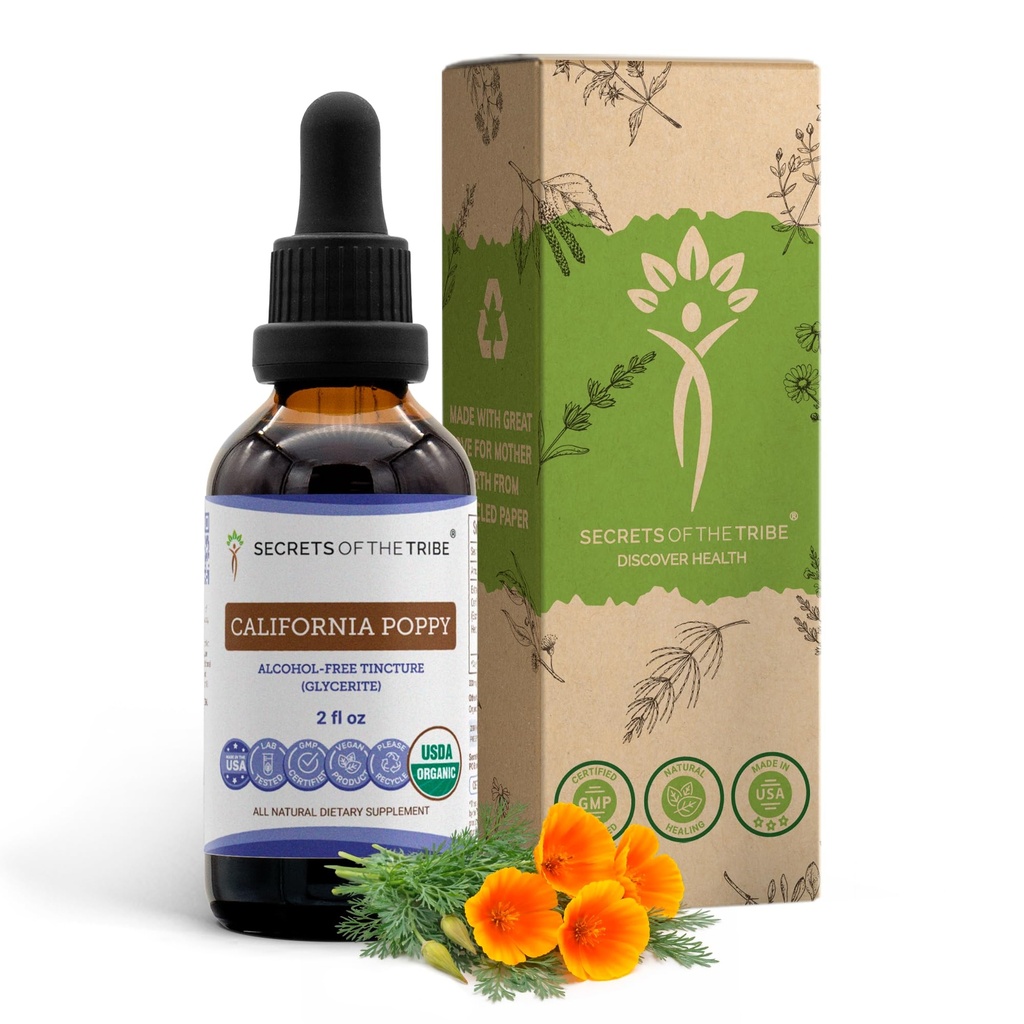 Tribe California Popy Tincture Alcohol-free Liquid Extract, USDA Organic California Poppy (Eschscholzia Californica) Sausā sakne (2 FL OZ)