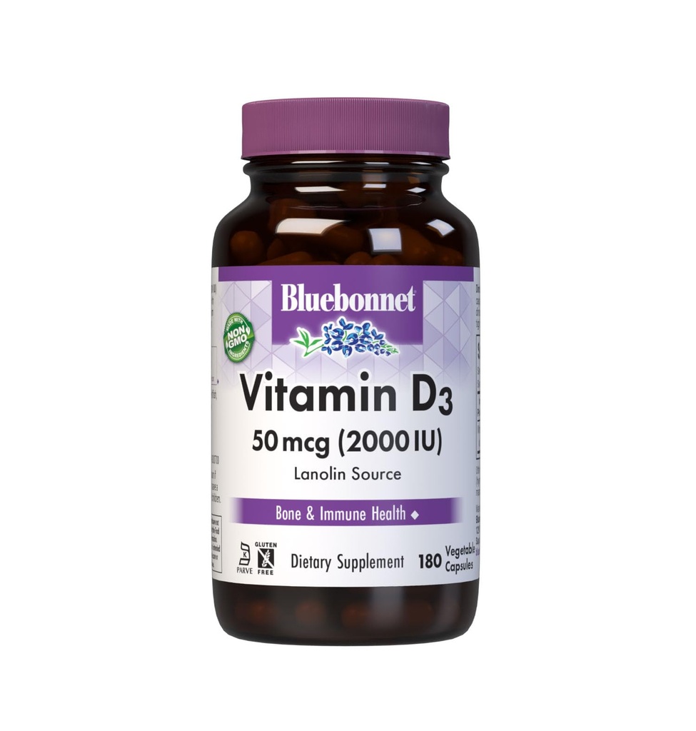 Bluebonnet Nutrition D3 vitamīns 2000 SV Dārzeņu kapsulas, atbalsts muskuļu un skeleta augšanā, holekalciferols no Lanolīna, D3, ne ĢMO, bez lipekļa, bez sojas, bez piena, košera, 180 Dārzeņu kapsulas