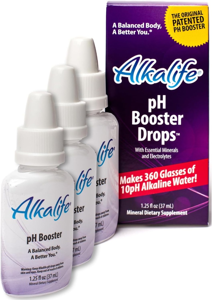 Alkalife sārmains ūdens pilieni - pirmais patentētais Alkalizing pH Booster w/Minerals & Elektrolīti - Līdzsvara pH, Neitralizēt Acid, Imūnsupport, Peak Veiktspēja, Detox, Kopumā Wellness - iepakojumā 3