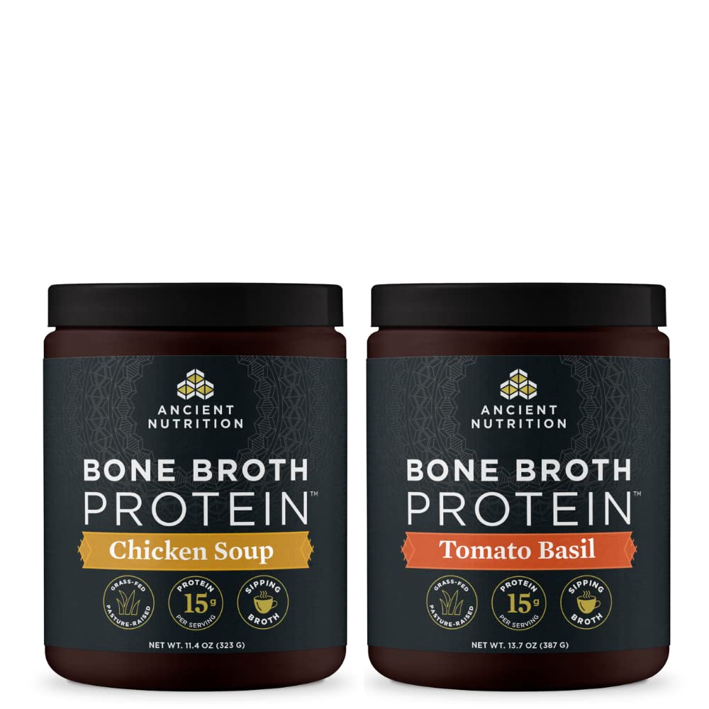 Ancient Nutrition Kaulu Broth Protein Pulveris, Vistas zupa, 15 Kalpojumi + Kaulu Broth Protein Pulveris, Tomātu Baziliks, 15 Kalpojumi