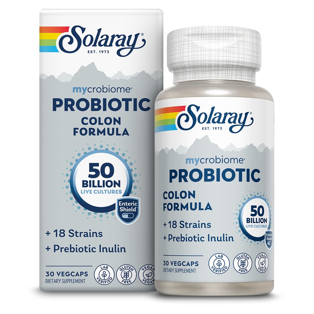 SOLARAY Mycrobiome Probiotic Colon Formula, Vegan, Gremošanas funkcija, Colon Health, un Imūnās sistēmas atbalsts, 50 miljardi KVV, 18 celmi, Prebiotic Inulin, 60 dienu garantija, 30 Servējumi, 30 VegCaps