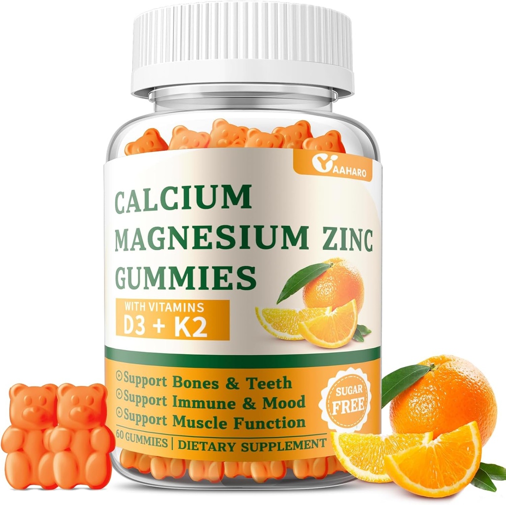 Kalcija magnija cinka Gumijas ar vitamīnu D3 & K2 - Bez cukura kalcija Gumijas sievietēm un vīriešiem - Kaulu un Imūnsupport - Non-GMO, Bez lipekļa, Apelsīnu Uzliesmojošs - 60 Gumijas