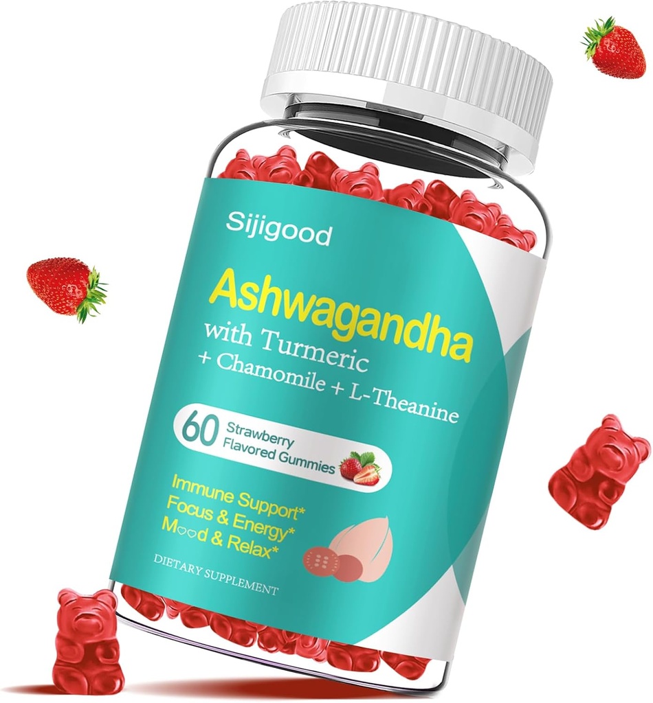 Ashwagandha Gummies with L-teanine, Ashwa Root Papildinājums Gummy sievietēm vīriešiem, 60 zemeņu Aromatizēti Gumijas