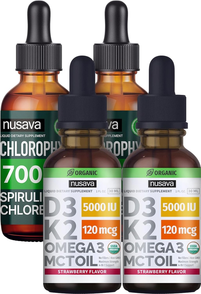 NUSAVA zemeņu aromatizēts D3 K2 pilieni un hlorofila šķidrs pilieni Bundle - potents šķidrs Vitamīni sirds, locītavu, enerģijas, un imūno atbalstu - ne-GMO, bez lipekļa, 2pk Katrs