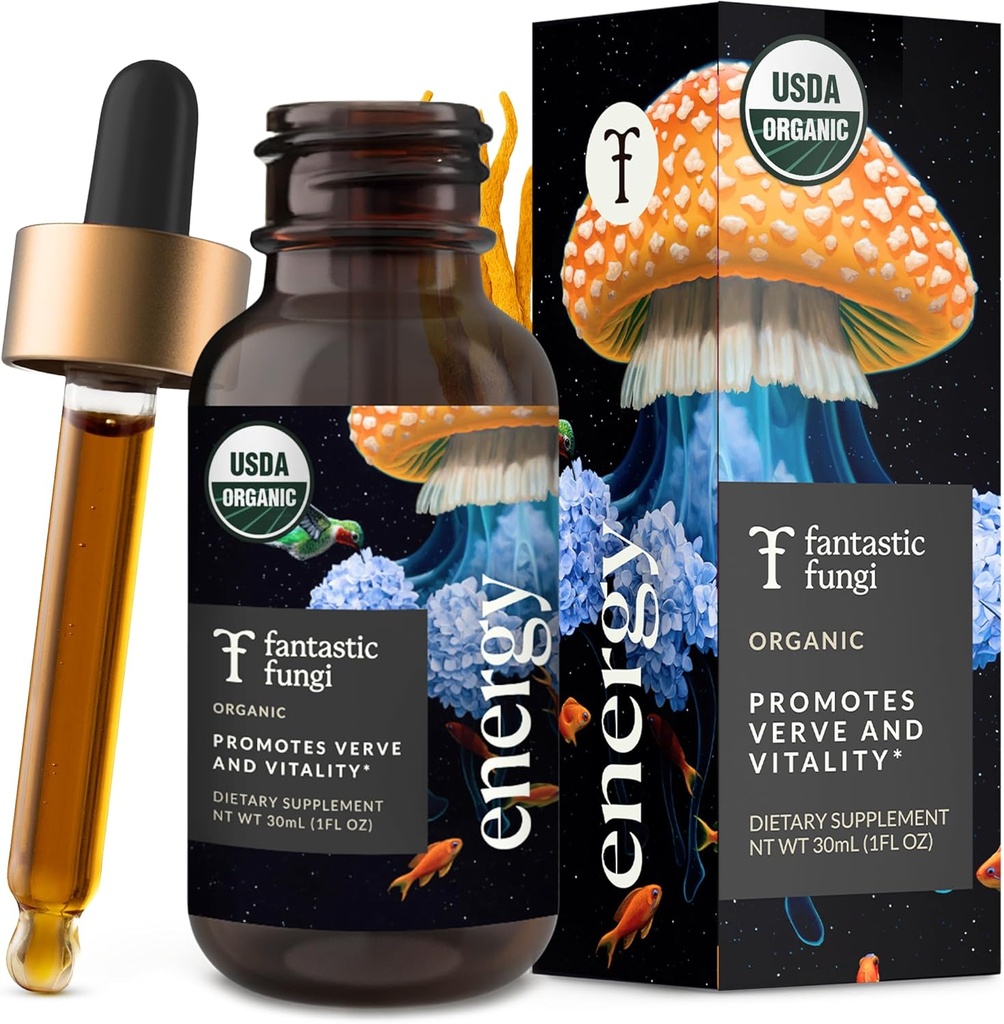 Fantastic Fungi Cordyceps Sēņu Tincture Drops - 4-in-1 Stress Atbalsts un enerģija Elixir with Ginseng, Turcija Taile & Rhodiola - Organic Sēņu ekstrakts Šķidrs, 30 Servē, 1 fl oz
