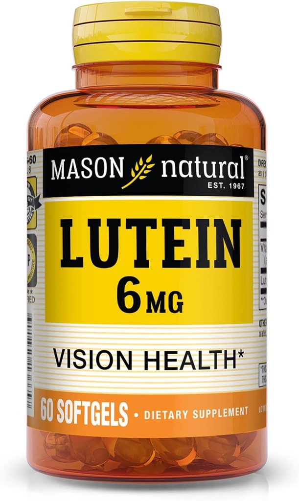 Mason Natural luteīns 6 mg ar E vitamīnu, 2 mēnešu piegādes, veselīga redzes un acu funkcija, atbalsta normālu acu veselību