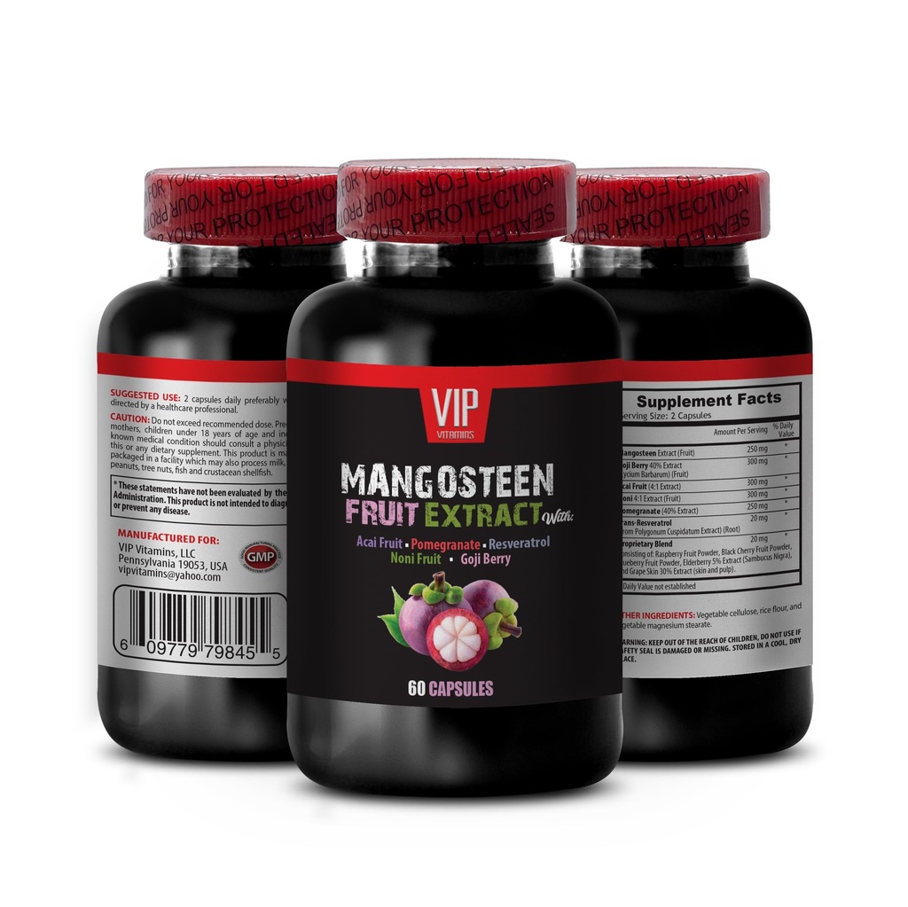 VIP VITAMINS Mangosteen, Mangosteen ekstrakts - Mangosteen Fruit Extract - Acai Berry, Goji Berry, Granātāboli, Noni, Trans-Resveratrol, Plūškoka augļi, Vīnogu āda - 1 Pudele 60 Kapsulas