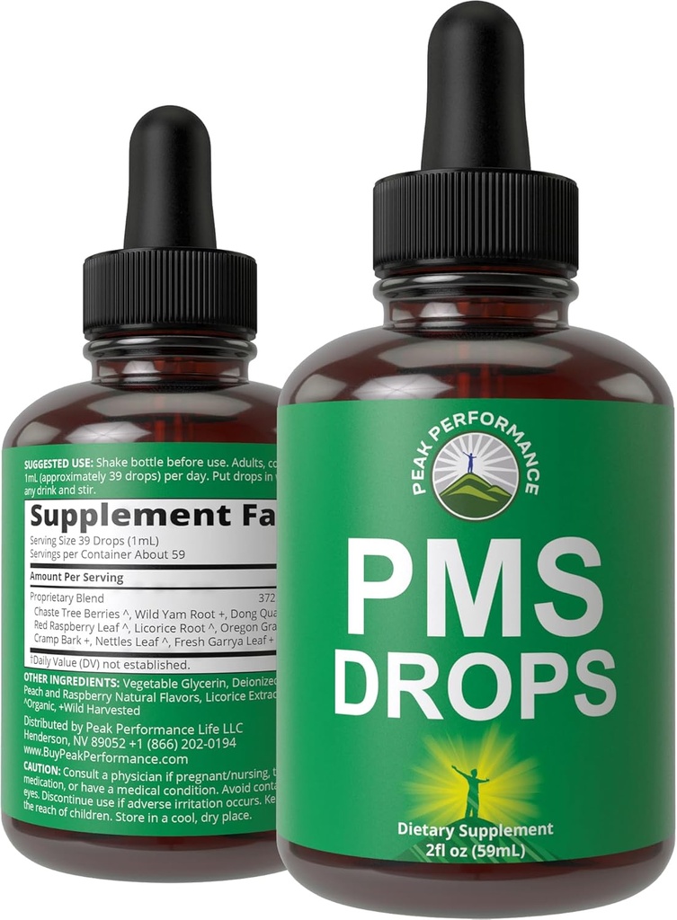 PMS Relief 9- in-1 Liquid Drops papildinājums. 9 Augu sastāvdaļas, lai atbalstītu periodu Krampji sāpes sievietēm. Vegāns, Nulles cukura vitamīni ar Organic Chaste Tree Ogas, Krampji, Yam Sakne, Tattle Leaf