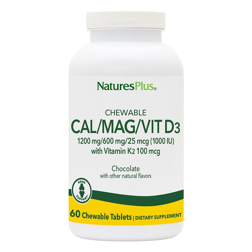 DabasPlus Cal/Mag/VIT D3 ar vitamīnu K2-60 košļājamās tabletes - Šokolādes Flavor - Kalcijs, Magnijs, vitamīns D3 & K2 Kaulu veselības atbalsta papildinājums - 30 Kalpojumi