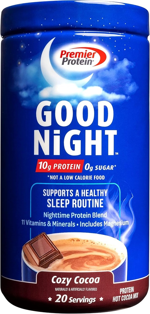 Premier Protein Good Night Protein Powder, Hot Cocoa Mix, 10g Protein, 0g Cukura, 11 Vitamīni un minerālvielas, Nakts Protein Blend, Magnijs, Cinks, 20 Serve, 1 Tub