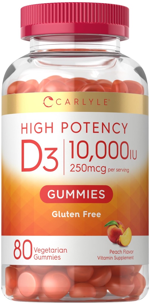 Carlyle vitamīns D3 10000iu Gumijas pieaugušajiem - 80 Skaits -- Persiku uzliesmojuma gumijas -- Augsta potence sievietēm un vīriešiem -- Veģetārietis, ne-GMO, bez lipekļa Papildinājums