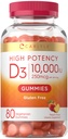 Carlyle vitamīns D3 10000iu Gumijas pieaugušajiem - 80 Skaits -- Persiku uzliesmojuma gumijas -- Augsta potence sievietēm un vīriešiem -- Veģetārietis, ne-GMO, bez lipekļa Papildinājums