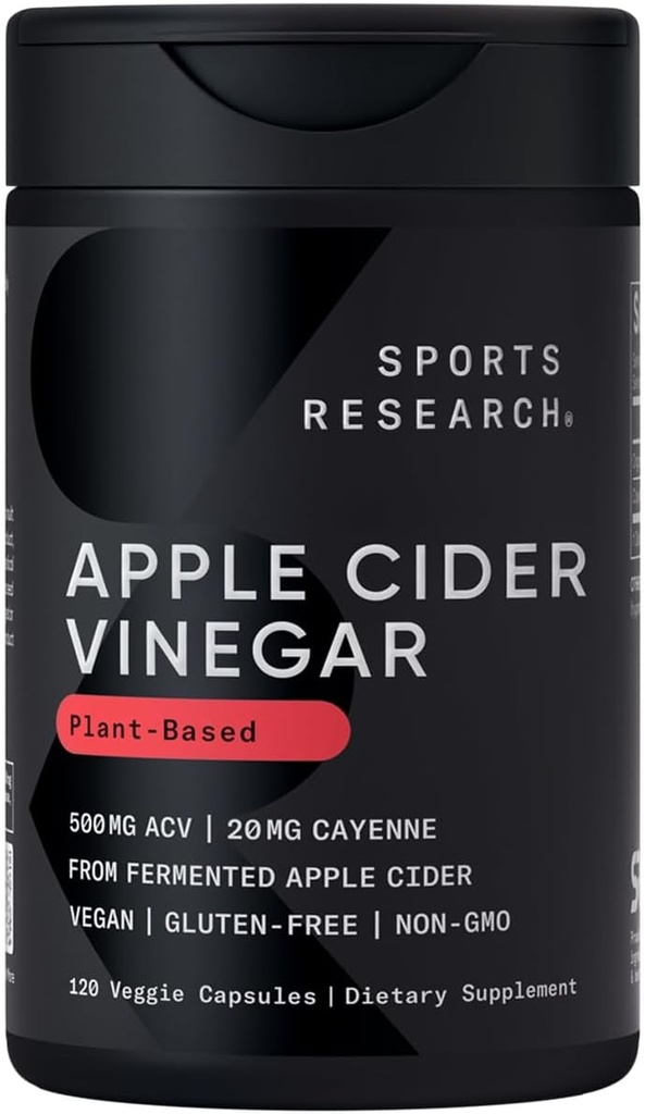 Sporta pētījumi Ābolu sidra Etiķis ar Kajennas piparu        , Izgatavots no organiskas fermentētas ābolu sidra - Non-GMO Project Verified & Vegan Sertificēts (120 Veggie Capsules)