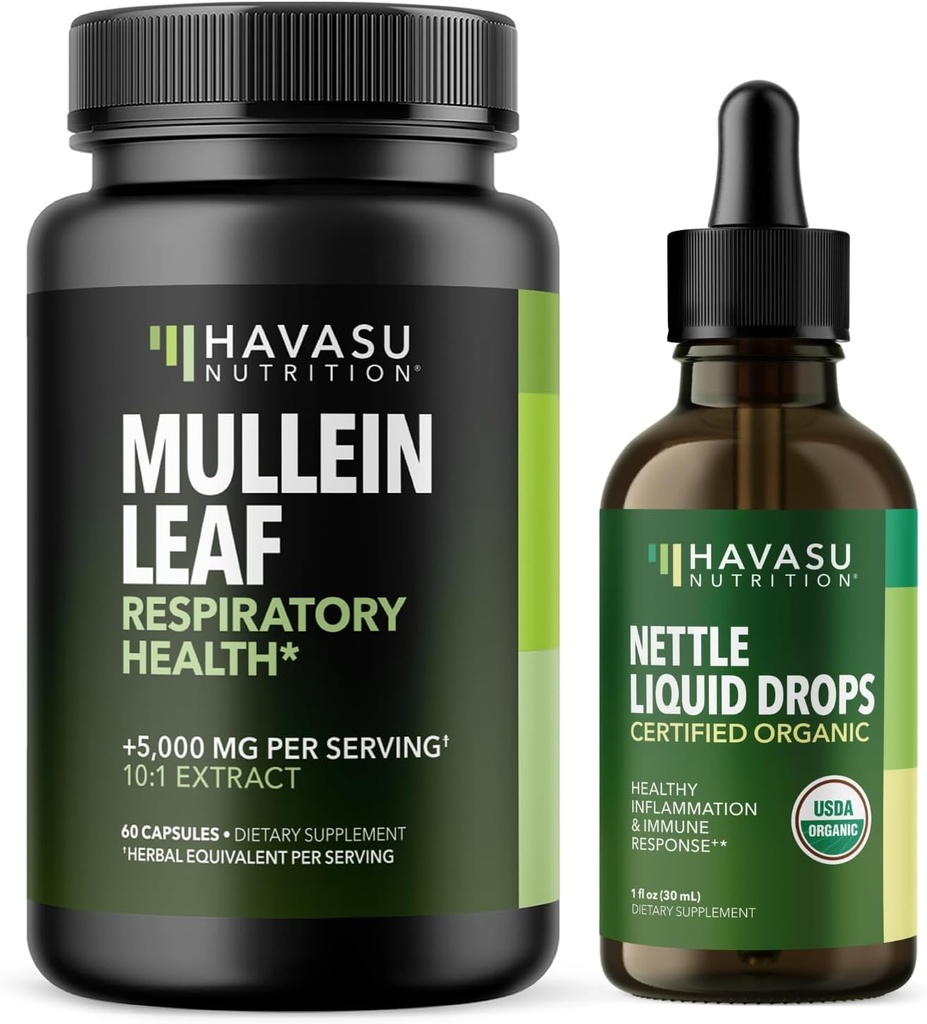HAVASU NUTRITION Mullein Leaf kapsulas + Nātres šķidruma pilieni Respiratorās veselības paka