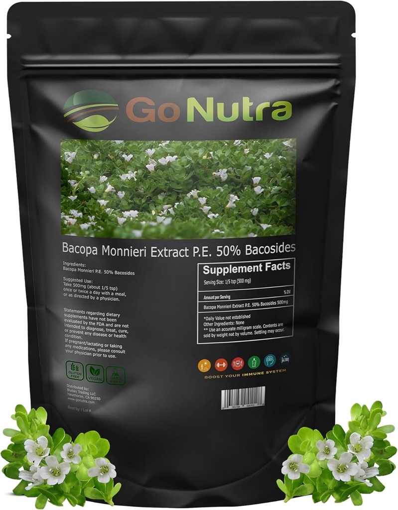 Go Nutra Bacopa Extract Powder (Bacopa Monnieri) 50% Bakosīdi - augu ekstrakts Brahmi papildinājums (4 oz.)