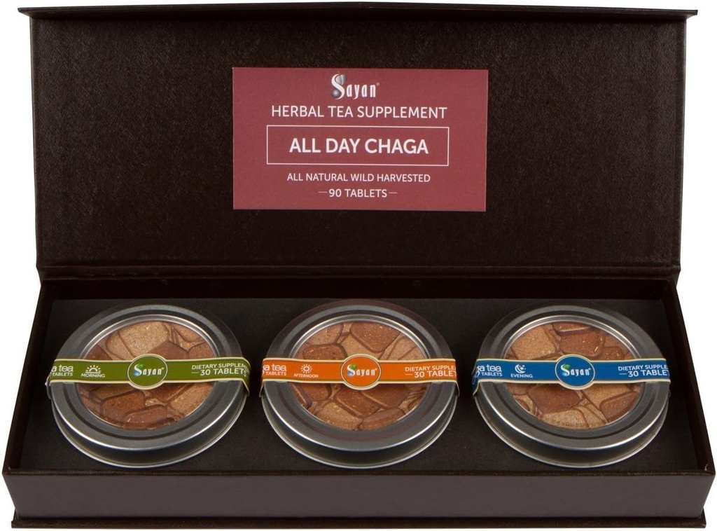 Sayan Siberian Visu dienu komplekts Instant Chaga Sēņu tēja, iepakojums ar 3 ikdienas tabletēm (90 Pcs) - Savvaļā audzēta, Premium Tēja - Dabīga antioksidanta tēja imūnai atbalstam, enerģijas palielināšana un uzlabota gremošanas