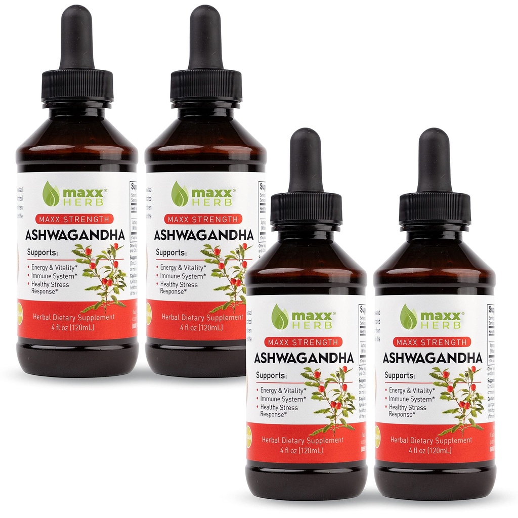 Maxx Herb Ashwagandha ekstrakts – Max Strength Šķidrā Tinktūra Absorbi labāk nekā kapsulas vai pulveris - par izturību, atmiņa, un imūno atbalstu – 4 pudeles, 4 Oz Katrs (240 Kalpo)