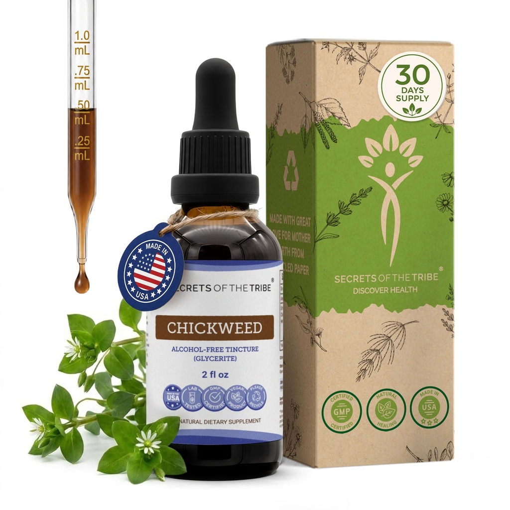 Tribe Cickweed Tinktūra Bezalkohola šķidruma ekstrakta noslēpumi, Chickweed (Stellaria Media) Kaltētas virsējo daļu (2 FL OZ)