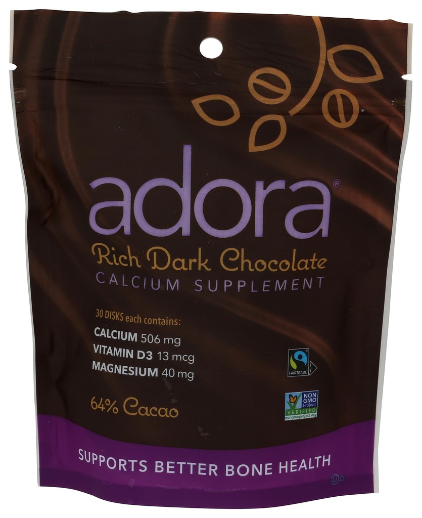 Adora kalcija piedevas disks, tumšā šokolāde, 30-500 mg