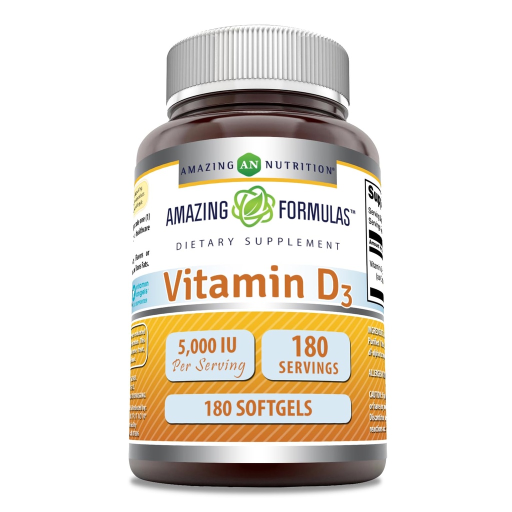 Amazing Formulas D3 vitamīns (holekalciferols) Papildinājums - 5000 SV uz vienu Kalpošanas reizi 180 Softgels -- Non-GMO --Bez glutēna