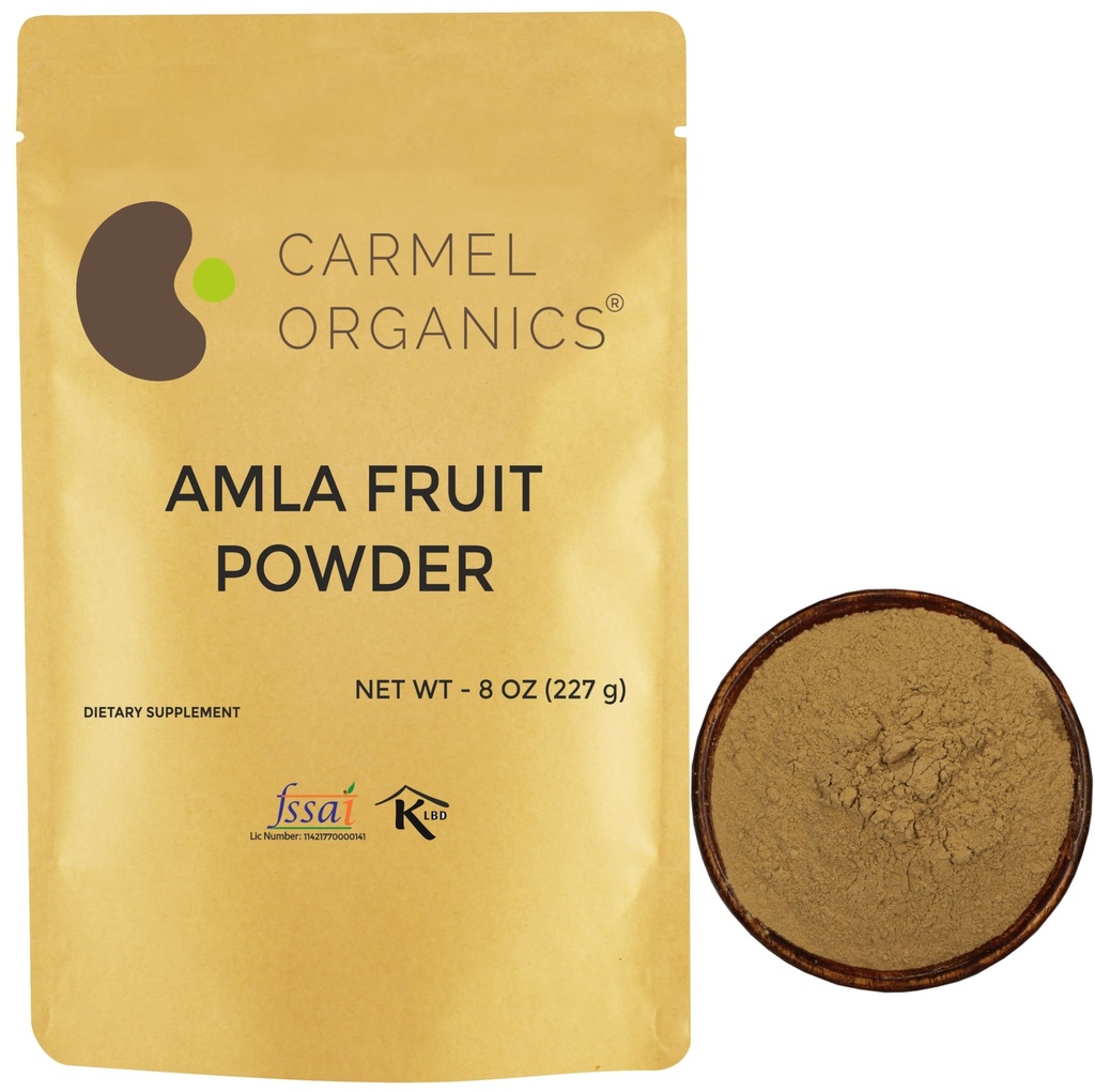 CARMEL ORGANICS Amla/Amlaki (Emblica officinalis) augļu pulveris (8 Ziedes) matu kopšanai, ādai un labsajūtai ; dabīgs, neĢMO; nav pievienoti konservanti