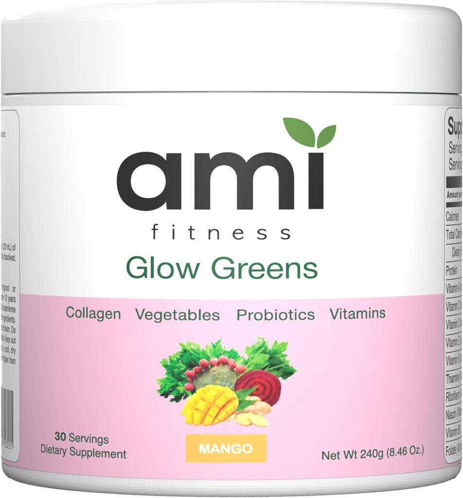 Glow Greens pulveris, kolagēns ar probiotikām, vitamīni, gremošanas enzīmi, Superfoods, Gut Veselība, Uzputošanas Reljefs, Radiant Skin, Natural Glow, Spirulina, Sulu maisījums, 30 SVG, Mango