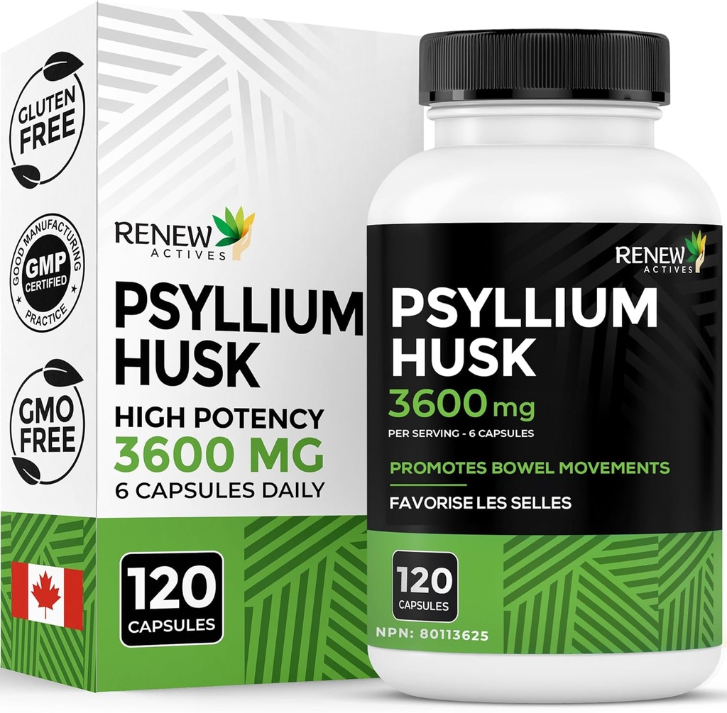 Atjaunot aktīvās vielas Psyllium Husk 1200MG per 2 kapsulas – Bulk-Forming Laxative & Soluble Fiber gremošanas veselībai, regularitāte un pieaugušo labsajūtu – Pure Ingredients – Ražots Kanādā – 120 Kapsulas