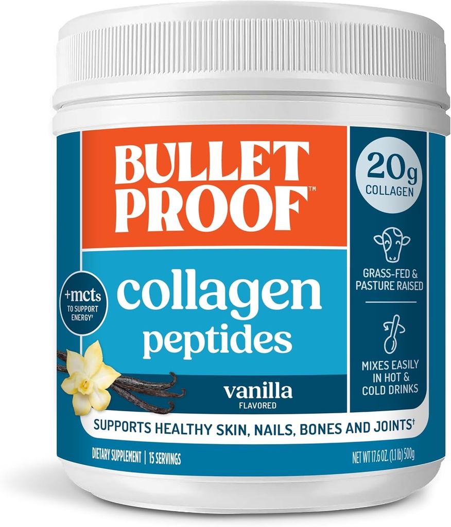 Barības necaurlaidīgs Vanilla Collagen Peptīdi Pulveris ar MCT eļļu, 14.3 Ounces, zāļu-barības kolagēna proteīns ādai, kauliem un locītavām, palielinātas ganības, nav pievienoti hormoni, iepakojums May Varary