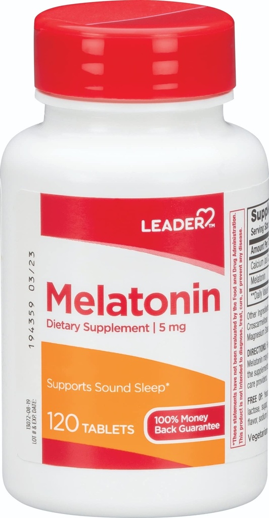 Leader Melatonin 5MG tabletes 120 Ct. dabas miega palīglīdzeklis atpūtai naktīs