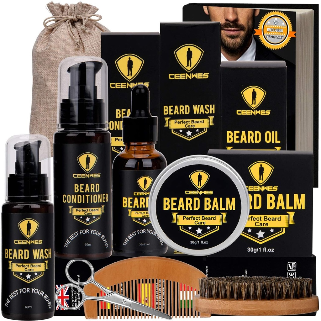 Ceenwes uzlabots bārda kit - kondicionieris, eļļa, birste, Comb, Balm, Šķēres, uzglabāšanas soma bārda un Mustache apdares, perfekta vīriešu dāvana