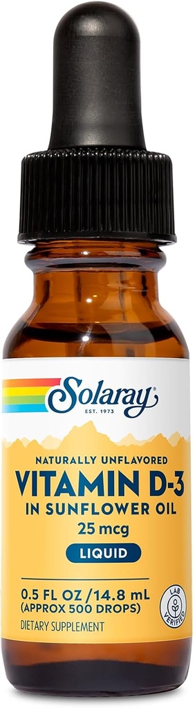 SOLARAY D3 vitamīns Šķidrums Iemetieni 25 μg (1000 SV) - Uzlabota Absorbcija D vitamīna pilieni saulespuķu eļļā VIT D3 Atbalsts - Dabīgi Neuzliesmojošs, Dropper Iekļauts - Aprīlis. 500 Kalpo, 0.5oz