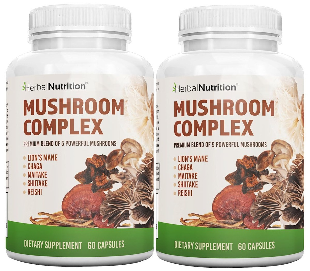 Uzturs augu Sēņu komplekss 700mg līdz 1400mg. 5 visspēcīgākās sēnes - Lauvas Mane, Reisi, Chaga, Maitake, Shiitake - atbalsta imūno veselību, Nootropo smadzeņu veselība atmiņas un fokusa