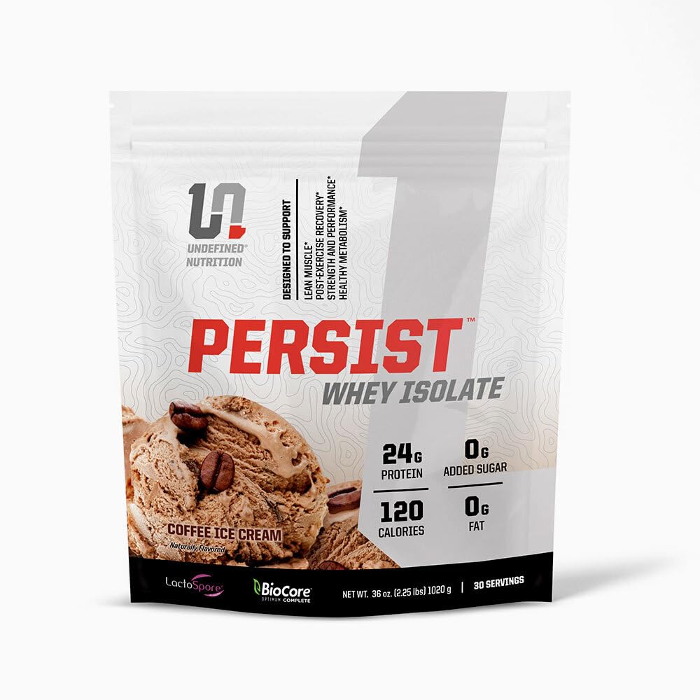 Nedefinēts uzturs Persist Whey Isolāts ar Brian Shaw - 24g Olbaltumvielas, 30 Kalpojumi – Atbalsta Atkopšanās, Stiprums & Veiktspēja - Gluten bez, Ātra Absorbēšana (2.18lbs, Kafijas ledus krēms)
