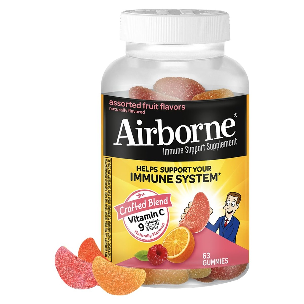 Vitamīns C 750mg (par apkalpo) - Airborne Assorted Fruit Flavored Gumies (63 Skaits pudelē), Gluten-free Imūnās atbalsta papildinājums ar vitamīniem A C E, Selenium, Echinacea & Inginger