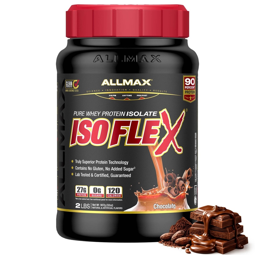 ALLMAX ISOFLEX Sūkalu proteīna izolāts, Šokolāde - 2 lb - 27 Olbaltumvielu Grams uz kausiņu - Nulle tauku un cukura - 99% Bez laktozes - Bez lipekļa un sojas - Aptuveni 30 Kalpojumi