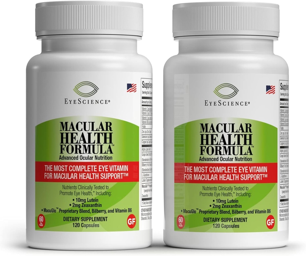 EyeScience – makulas veselības formula – 120 kapsulas – pilnīgs uztura bagātinātājs acu veselībai – satur luteīnu, zeaksantīnu, C vitamīnu, D, E & B6-2- iepakojumu