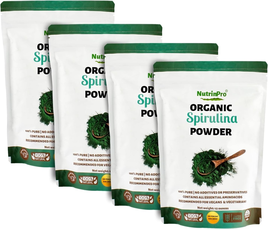 Četri iepakojumi Spirulina pulveris sulām un gludam maisījumam; 100% dabīgs, USDA Organisks un lipeklis nesatur, ar augstām olbaltumvielām, vitamīniem, antioksidantiem un minerālvielām (12 ogles) (4)