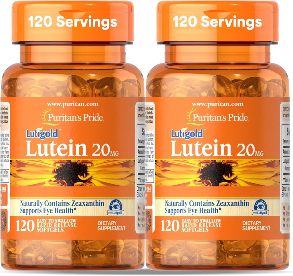 Puritan's Pride Premium Lutigold Lutein Carotenoid 20mg ar Zeaxanthin vīriešiem un sievietēm, Diētiskā papildinājums acu veselības atbalstu, 8 Mēnešu Piedāvājums, 120 Easy-to-Swalov Softgels, 2 Pack