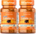 Puritan's Pride Premium Lutigold Lutein Carotenoid 20mg ar Zeaxanthin vīriešiem un sievietēm, Diētiskā papildinājums acu veselības atbalstu, 8 Mēnešu Piedāvājums, 120 Easy-to-Swalov Softgels, 2 Pack