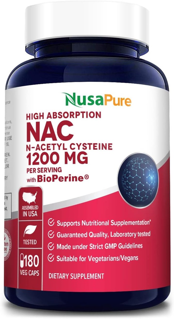 NusaPure N-Acetyl Cysteine (NAC) 1200mg 180 Veggie Caps (veģetārs, ne-GMO, bez glutēna) Bioperīns