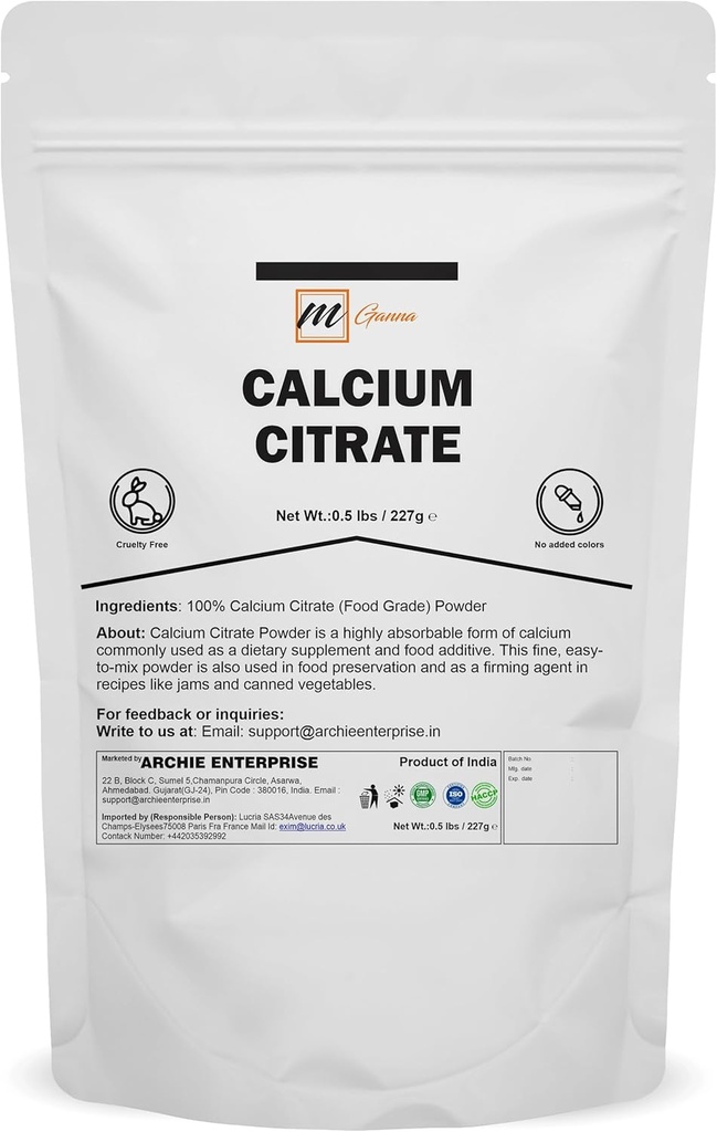 100% kalcija citrāts pulveris (Pārtikas kategorija) Daudzvērtīgs, viegli absorbējams kalcija avots 0, 5 lbs/ 227 g