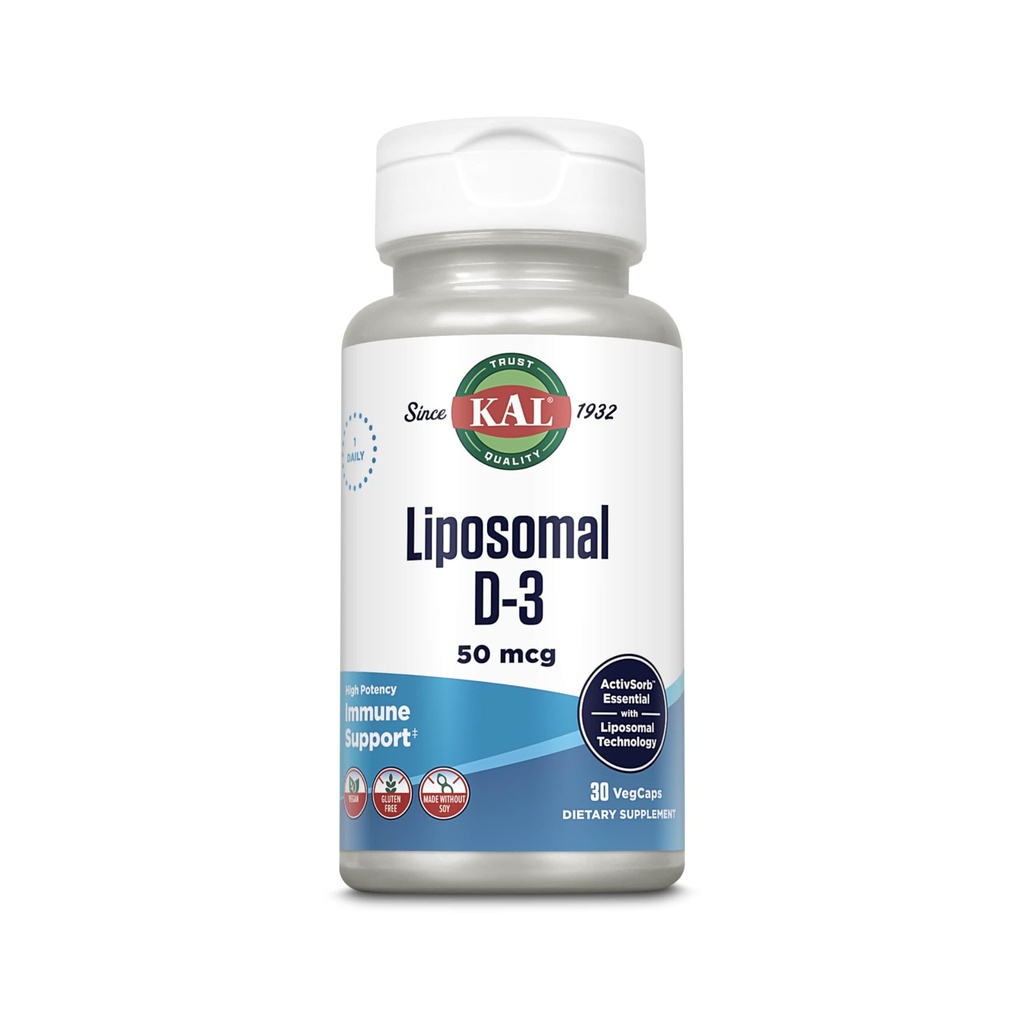 KAL Liposomālais vitamīns D3 50 μg, augsta absorbcija D vitamīns, liposomālā tehnoloģija, augstas aktivitātes imūnsupports, Vegan kapsulas, bez lipekļa, bez sojas, 30 Kalpojumi
