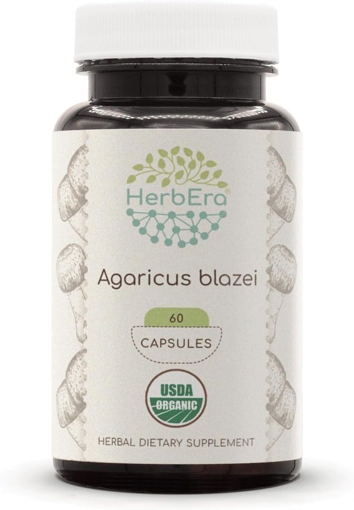 HerbEra Agaricus Blazei USDA Organiskās 60 kapsulas     ) Dabiskais augu papildinājums ) Sertificēts Organiskās Veģetārās kapsulas un Organic Agaricus Blazei (Agaricus blazei murill) Kaltētas sēnes (60 kapsulas)