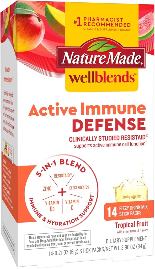 Daba Made Wellblends Aktīvās imūnās aizsardzības Fizzy Drink Mix, RezistAid, vitamīns C 500mg, vitamīns D 1000 SV, Cinka, un Elektrolītu Pulveris, 14 Stick iepakojumi