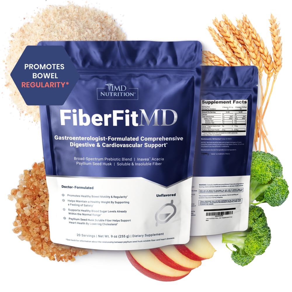 1MD Nutrition FiberFitMD - spēcīga gremošanas un sirds un asinsvadu atbalsts - Veselības papildinājums sievietēm un vīriešiem - augsts šķiedru pulveris - 30 dienas