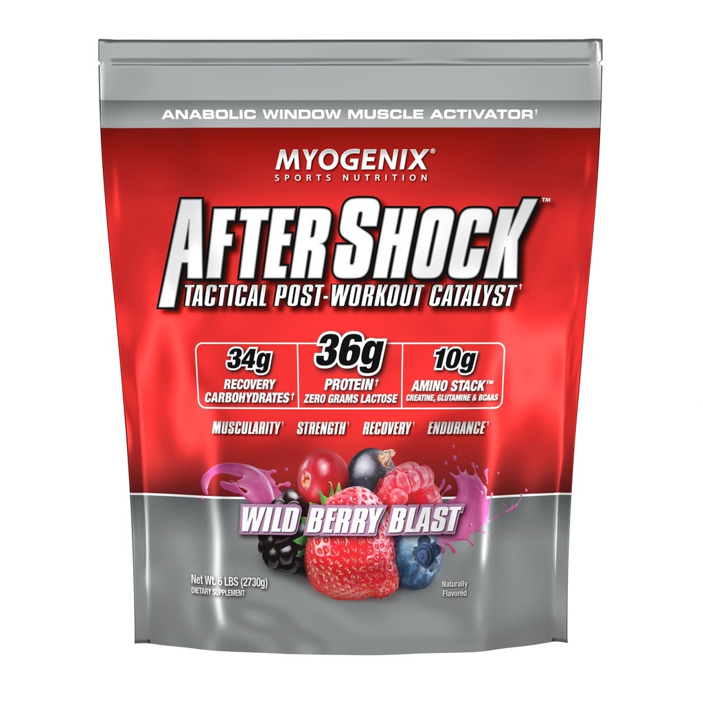 Myogenix Aftershock post Workout — Muskuļu augšanas sūkalu proteīns pulveris — Paātrinās muskuļu augšanu un atveseļošanos — Atbalsta kopīgas veselības un atjauno Glycogen — Wildberry Blast, 6 mārciņas